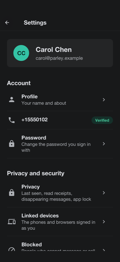 Parley settings in dark mode